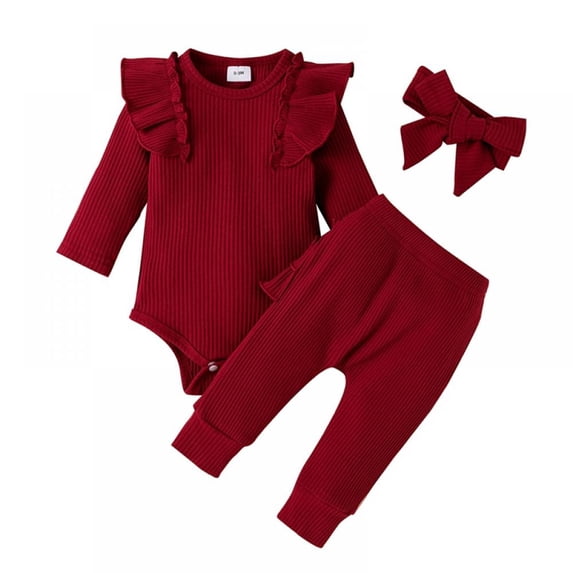 URMAGIC Newborn Baby Girl Clothes Infant Girls Outfits Ribbed Ruffled Long Sleeve Romper Bodysuit Pants Headband Set 0-18 Months