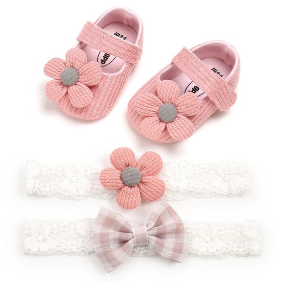 URMAGIC Newborn Baby Girl Shoes+2pcs Headband,Infant Toddler Soft Sole Crib Princess Shoes