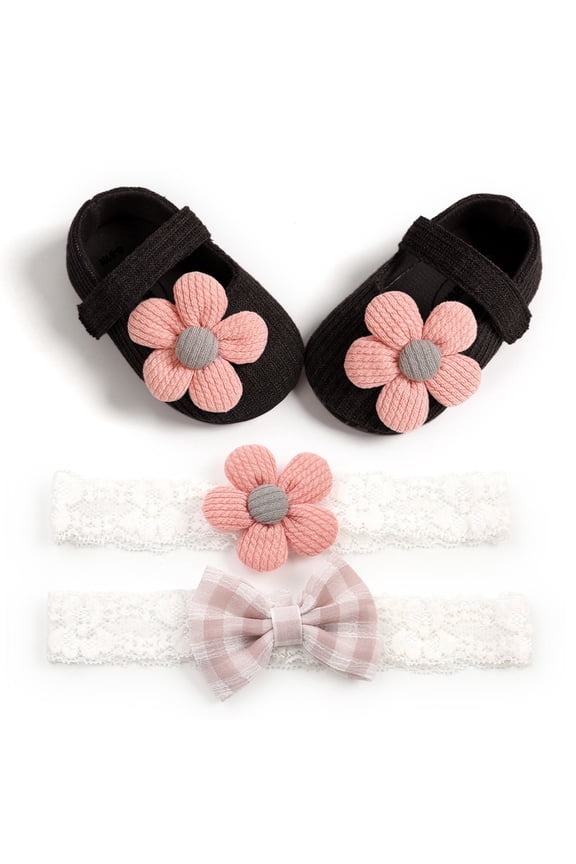 Newborn Baby Girl Shoes+2pcs Headband,Infant Toddler Soft Sole Crib Princess Shoes