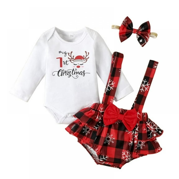 URMAGIC Newborn Baby Girls Christmas Check Outfits Clothes Infant Toddler Long Sleeve Ruffer Romper   Pant   Headband 3PCS Set
