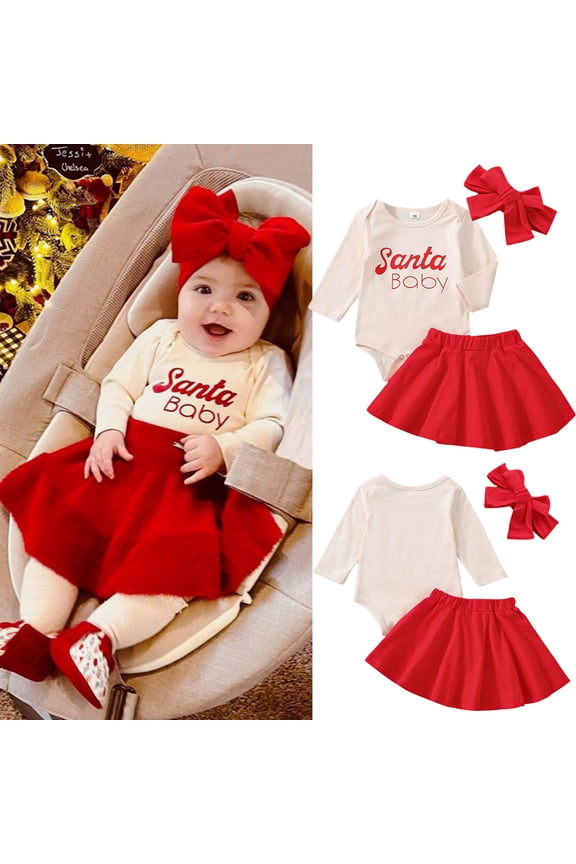 Newborn Girls Santa Baby Romper Red Short Skirts Headband Christmas Outfits
