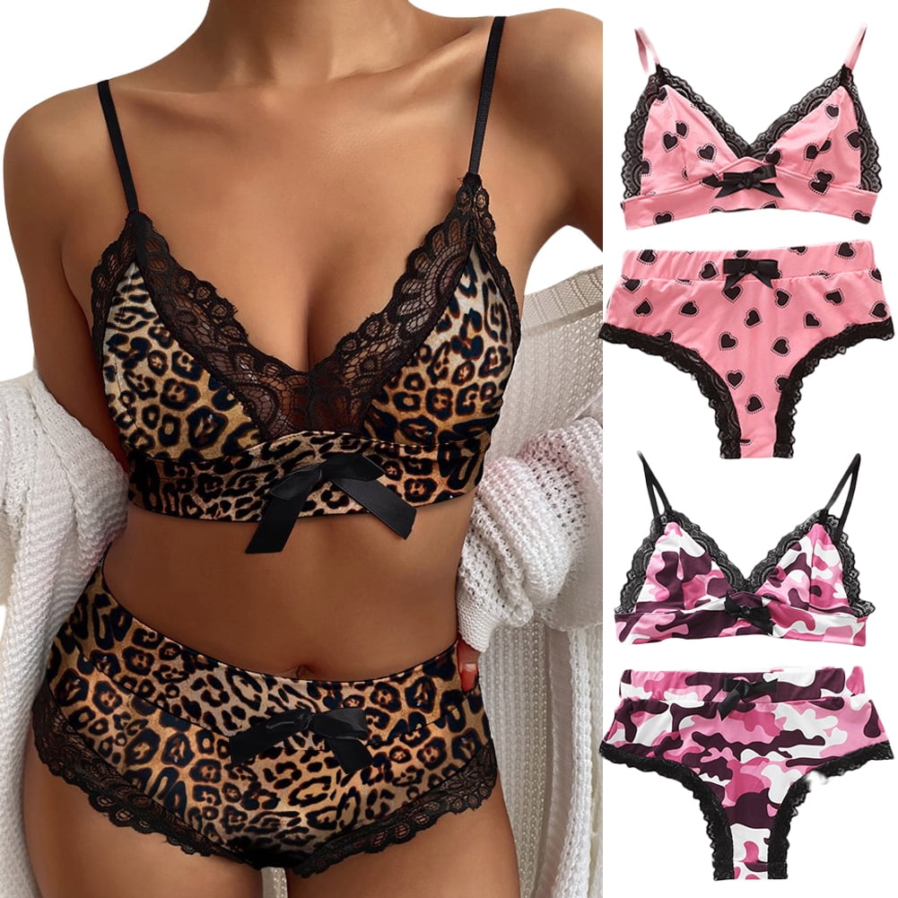 URMAGIC Sexy Lace Leopard Underwear Set Wirefree Bra and Panty Lingerie  Suit for Women 