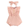 thumbnail image 1 of URMAGIC Summer Baby Girls Ruffle Sleveless Rib Knitted Romper and Headband Outfits, 1 of 9