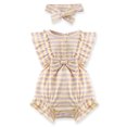 thumbnail image 1 of URMAGIC Summer Baby Girls Ruffle Sleveless Stripe Knitted Romper and Headband Outfits, 1 of 7