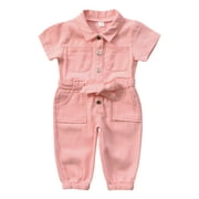 URMAGIC Summer Clearance Toddler Baby Girls Short Sleeve Pink Denim Overall Jumpsuit with Belt