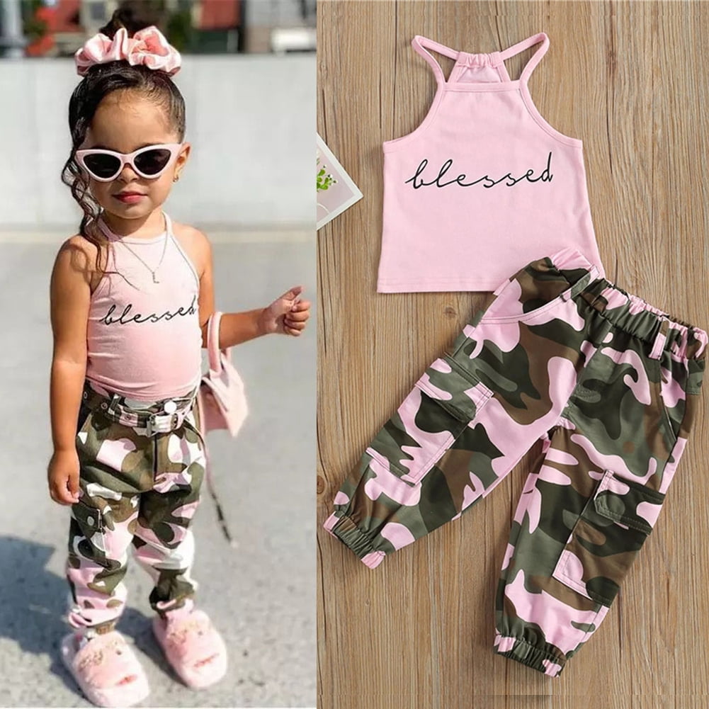 Letter Graphic Neckline Tee & Camo Print Pants for girls 9Y (53 in)