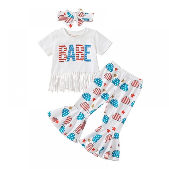 URMAGIC Toddler Baby Girl Clothes Bell Bottom Outfit Short Sleeve Letters Child Shirt American Flag Flare Pants Summer Clothes 1-5 Years
