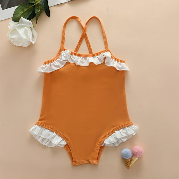 URMAGIC Toddler & Baby Girls Cotton One-Piece Cross Back Swimsuit Lace Ruffles Bikini Swimwear