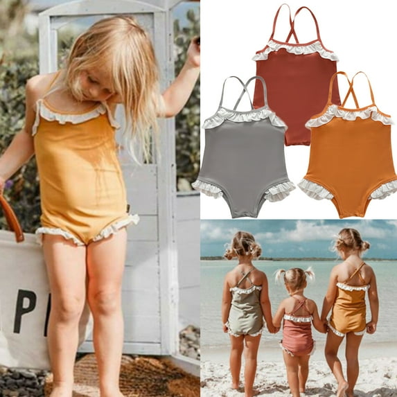 URMAGIC Toddler & Baby Girls Cotton One-Piece Cross Back Swimsuit Lace Ruffles Bikini Swimwear
