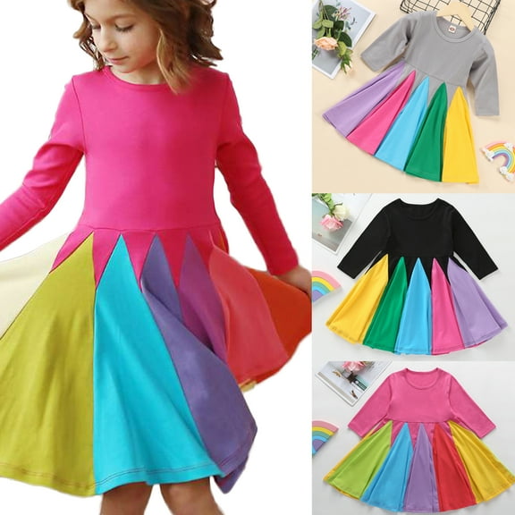 URMAGIC Toddler & Baby Girls Long Sleeve Rainbow Knitted Dress Striped Princess Dress, 1-6T