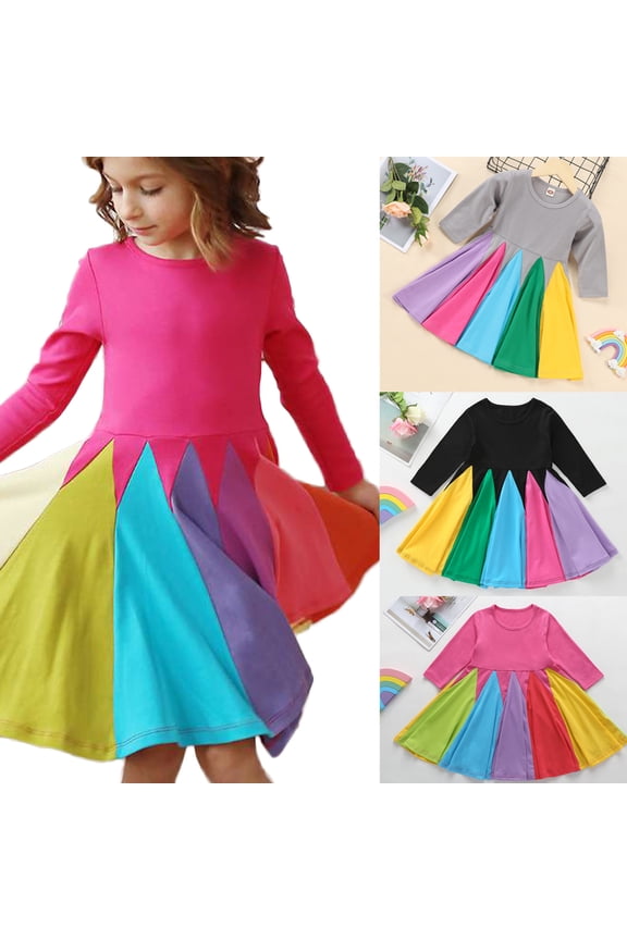 Toddler & Baby Girls Long Sleeve Rainbow Knitted Dress Striped Princess Dress, 1-6T
