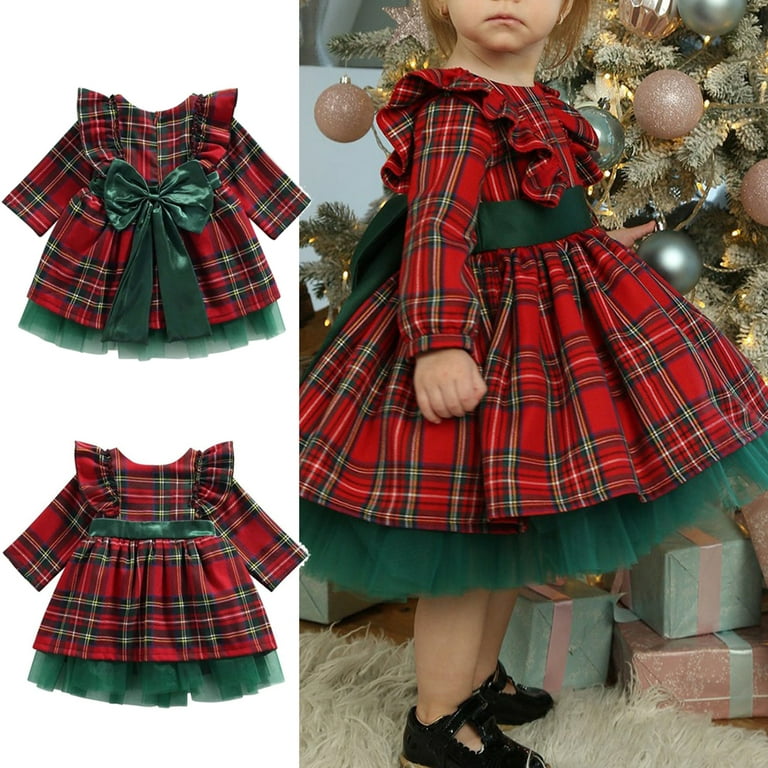 URMAGIC Toddler& Baby Girls Red Plaid Christmas Dress Oversize Bow Bubble  Gown Dress