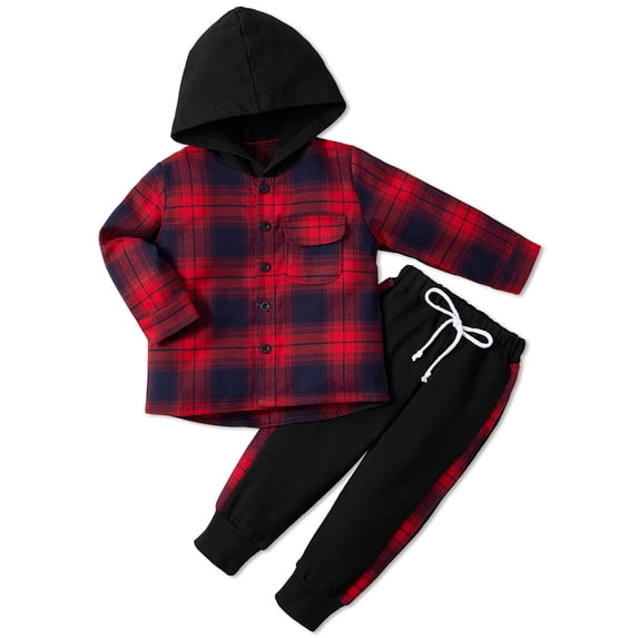 URMAGIC Toddler Boy Clothes Hoodie Sweatsuit Outfits Kids Flannel Plaid Shirt Top Pants Set for Fall Winter Spring 1-5T