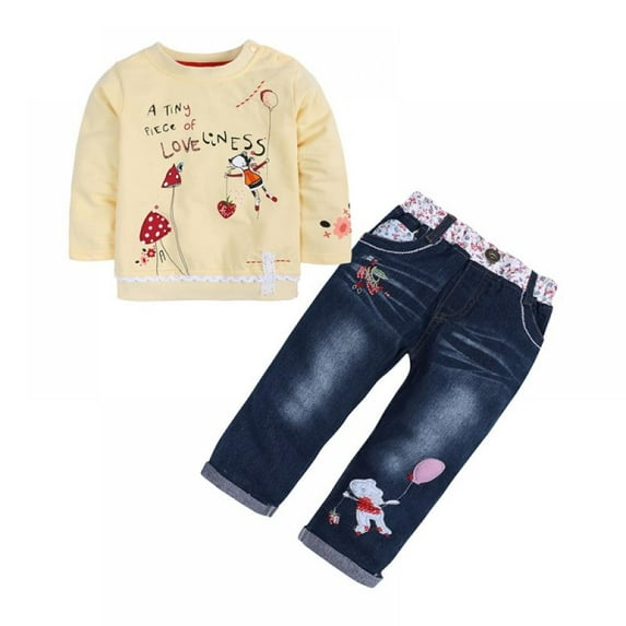 URMAGIC Toddler Girls Clothes 2 Piece Long Sleeve Cotton T-Shirt Tops Denim Pants Outfits Spring Fall 1-6 Years