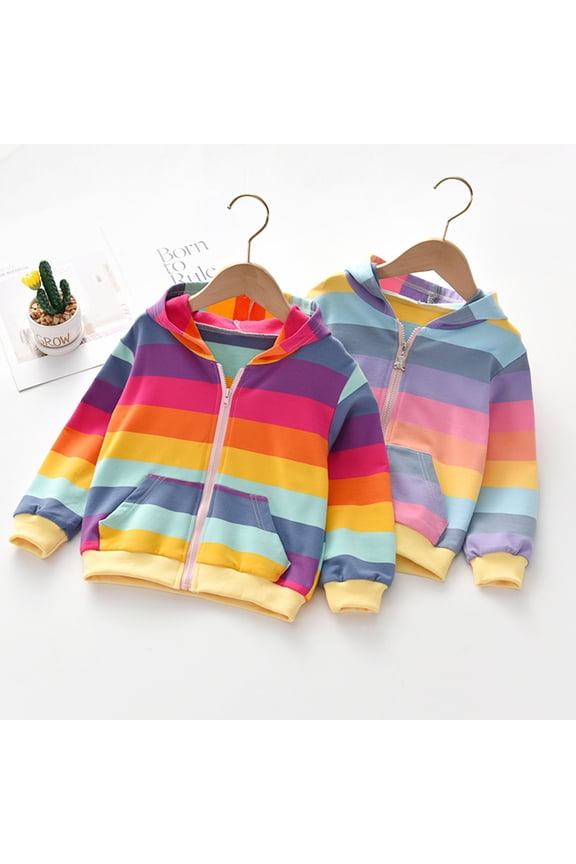 Toddler Kid Girl Rainbow Striped Hooded Jacket Coat Zip Hoodie Outerwear Outfit 2-6T