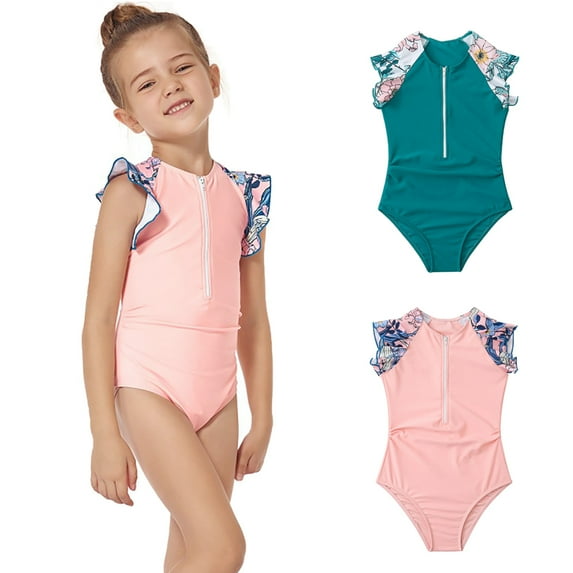 URMAGIC Toddler/Kid Girl Swimsuit Rashguard Swimwear Ruffle Sleeve One-Piece 4-14 Years