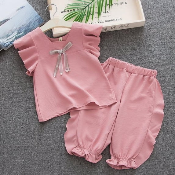 URMAGIC Toddler Kids Baby Girl Outfit Ruffle Sleeve T-Shirt Top Casual Shorts Summer Clothes 2PCS Suit 3-4 Years