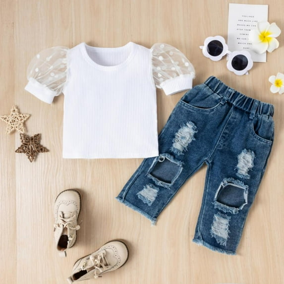 URMAGIC Toddler Kids Baby Girls Ribbed Tops Shirt+ Ripped Jeans Long Pants Denim Outfit 1-6 Years