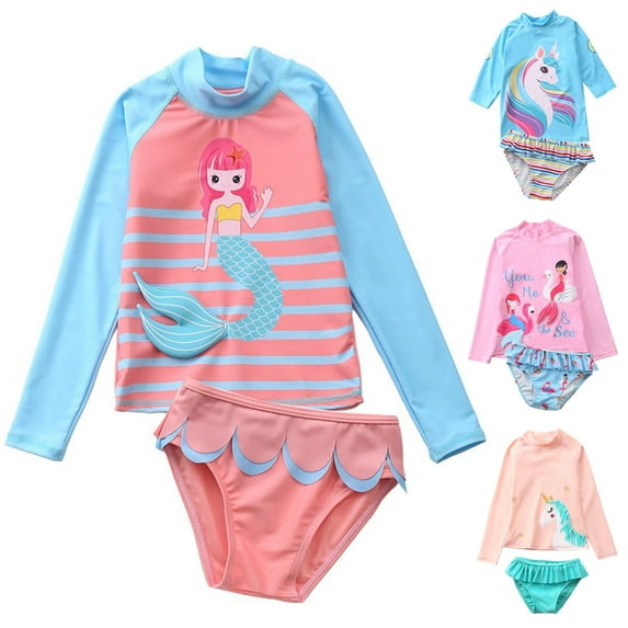 URMAGIC Toddler Little Girls 2-Piece Swimsuit Set Long Sleeve Rash Guard Bathing Suit 1-10 Years