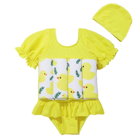 URMAGIC URMAGIC 2-6Y Kid Girls Cute Duck One Piece Float Swimsuit Cap Suit Ruffle Bikini Buoyancy Swimwear