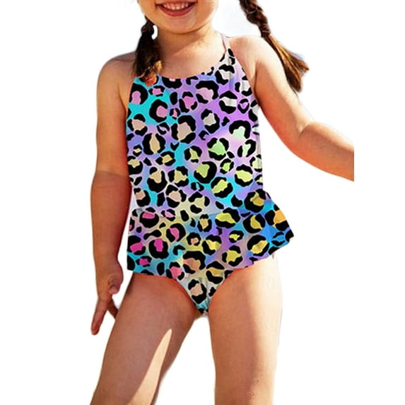 URMAGIC URMAGIC 4-12T Child Girls One Piece Leopard Swimsuit Ruffle Spaghetti Bathing Suit Swimwear