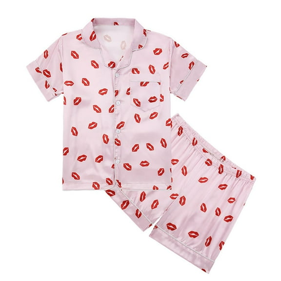 URMAGIC URMAGIC 5-14T Kids Girls Boys Satin Pajamas Set Short Sleeve Button-Down Valentine Sleepwear