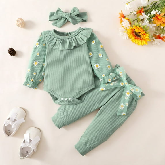 URMAGIC URMAGIC Baby Girls Long Lace Daisy Long Sleeve Romper Tops Pants Headband 3PCS Outfits