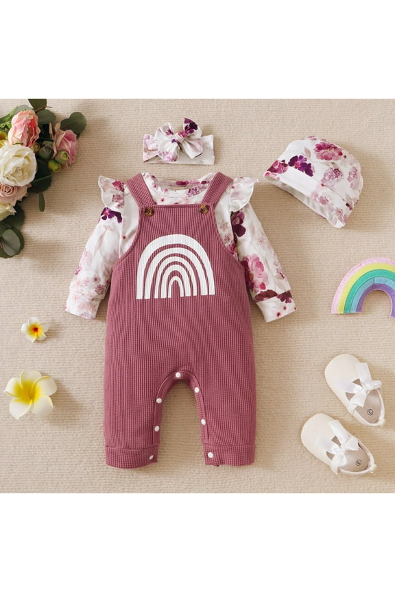Baby Girls Long Sleeve Floral Romper Rainbow Waffle Bib Overalls 4PCS Outfits