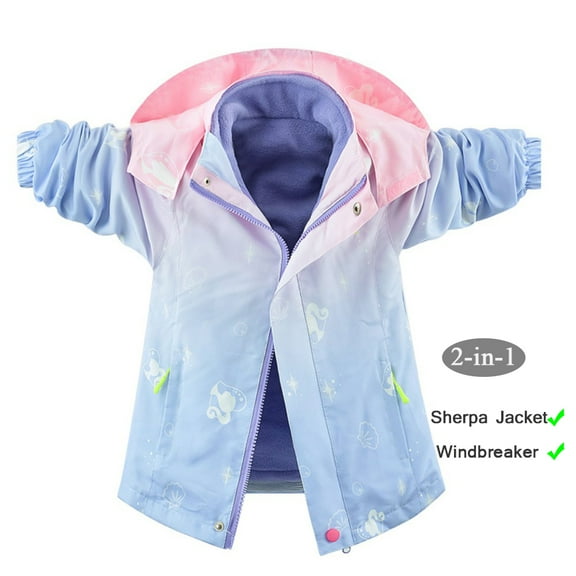 URMAGIC URMAGIC Child Girls Fleece Jacket+Gradient Color Hardshell Jacket with Detachable Hood,3-13Y