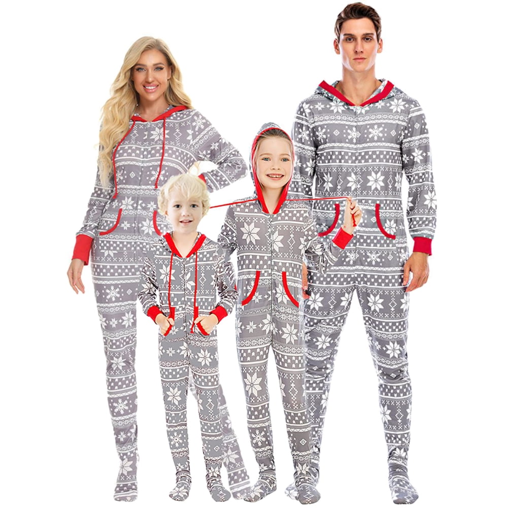 URMAGIC URMAGIC Christmas Family Matching Cotton Soft Hooded Onesie Pjs Footed Sleepwear Snowflake Pajamas Set