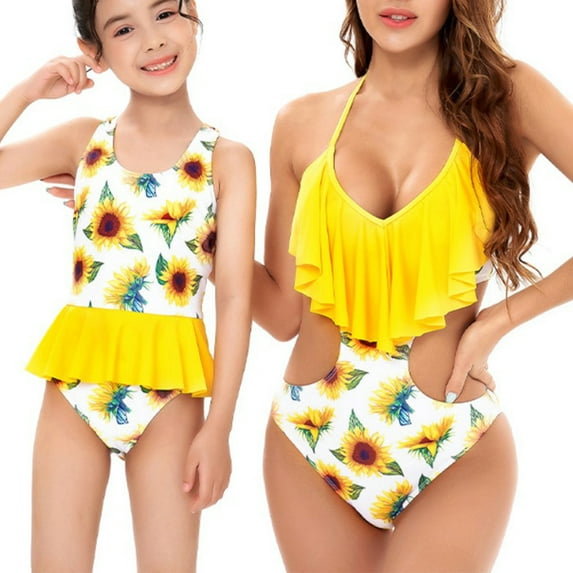 URMAGIC URMAGIC Family Matching Mommy and Me One Piece Swimsuit Girls Sunflower Women V Neck Monokini Bathing Suit