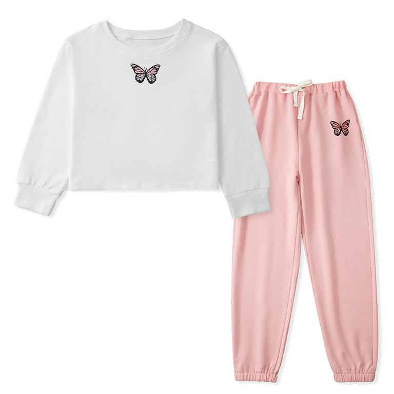 URMAGIC URMAGIC Little Big Girls Teenage Butterfly Sweater Crop Tops  Drawstring Pants Tracksuit Outfits 