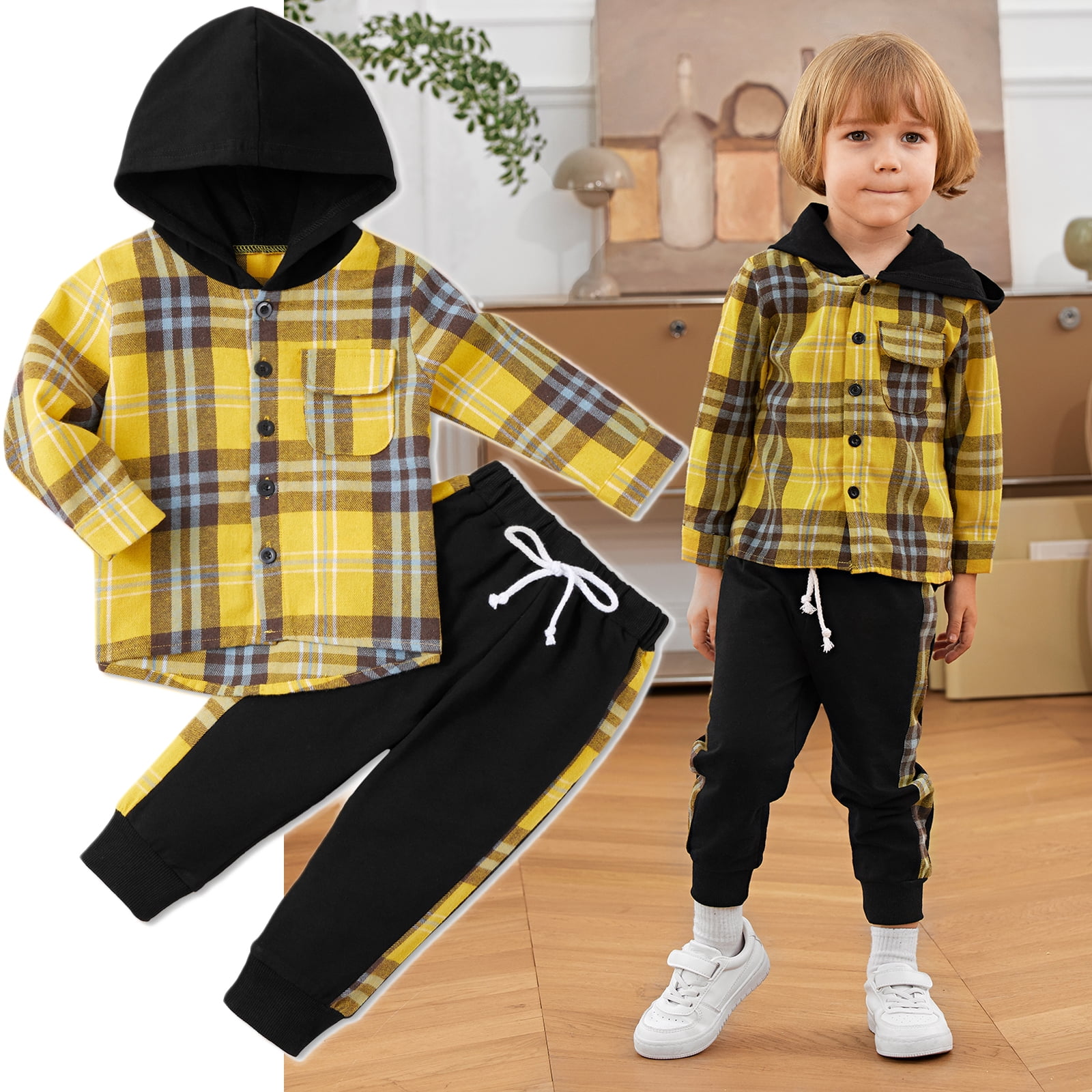 URMAGIC URMAGIC Toddler Boys Long Sleeve Plaid Hooded Shirt Drawstring Jogger Pants Outfits Walmart