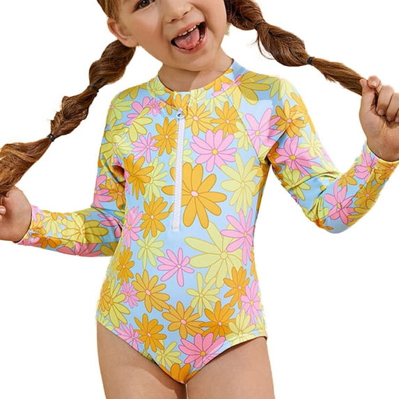 URMAGIC URMAGIC Toddler Little Girls Long Sleeve 1-Piece Rashguard UPF 50+ Swimsuit Bathing Suit/Yellow Daisy