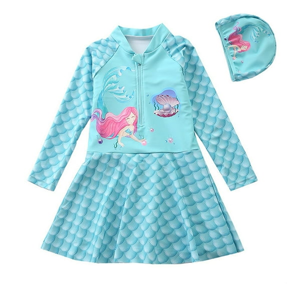 URMAGIC URMAIC Girls Long Sleeve Rash Guard One Piece Mermaid Swimdress w/Cap Swimsuit,3-9T