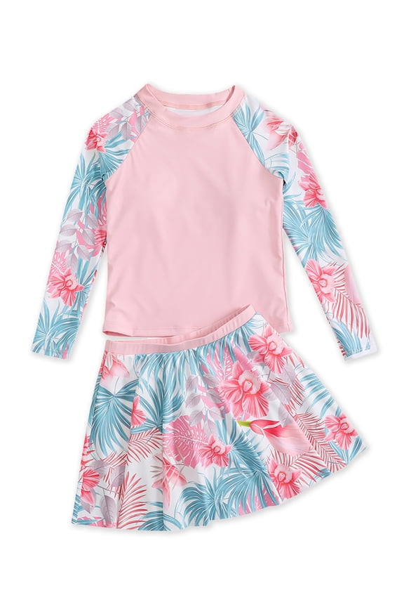 URMAIC Girls Long Sleeve Rash Guard with Skirt Bikini Two Pieces Floral Swimsuit,2-12Y