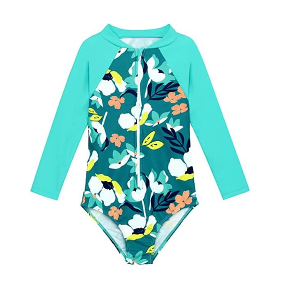 URMAGIC URMAIC Toddler Little Girls Long Sleeve Rash Guard Zip Up One Piece Floral Swimsuit