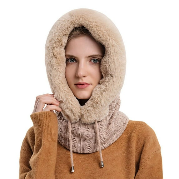 URMAGIC Winter Hats for Women, Warm Hooded Head Scarf Wrap Knitted Faux Fur Fleece Balaclava Hat with Drawstring Beige