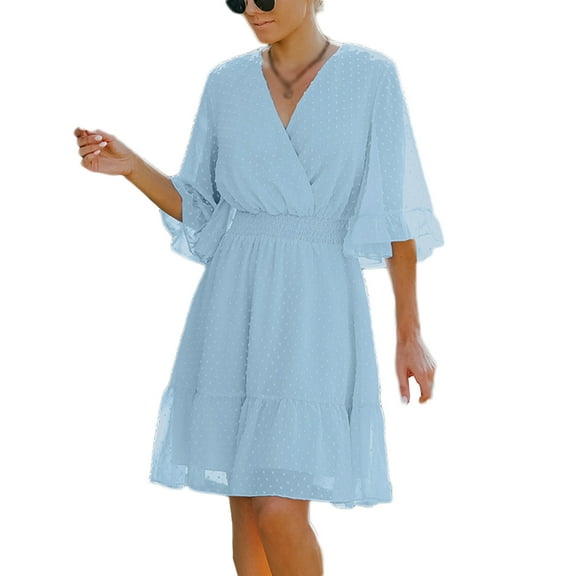 URMAGIC Women Petite Flared Short Sleeve Cross V Neck Polk Dot Dress Elegant Summer Dress