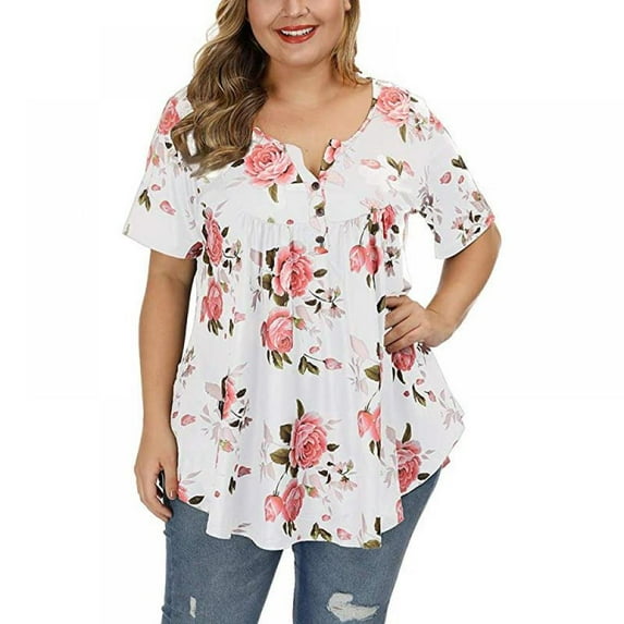 URMAGIC Women Short-sleeved T-shirt V-neck Button Blouse Floral Plus Size Tunics Tops