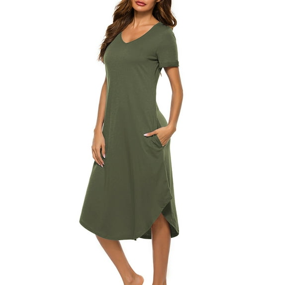 URMAGIC Women's Cotton V Neck Short Sleeve Nightshirt w Pocket Loose Nightgown Pjs Dress