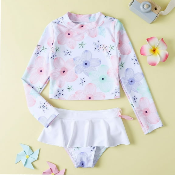 URMAIC Big Girls Long Sleeve Rash Guard with Ruffle Bikini Bottoms Two Pieces Swimsuit,8-12Y