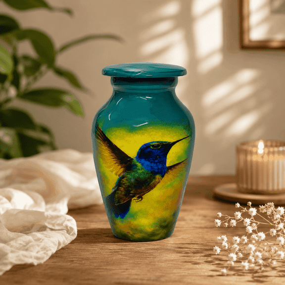 URNS A TRIBUTE Mini Keepsake Cremation Urn for Ashes, 3 inch, Blue Hummingbird Design, Secure Threaded Lid, Velvet Pouch