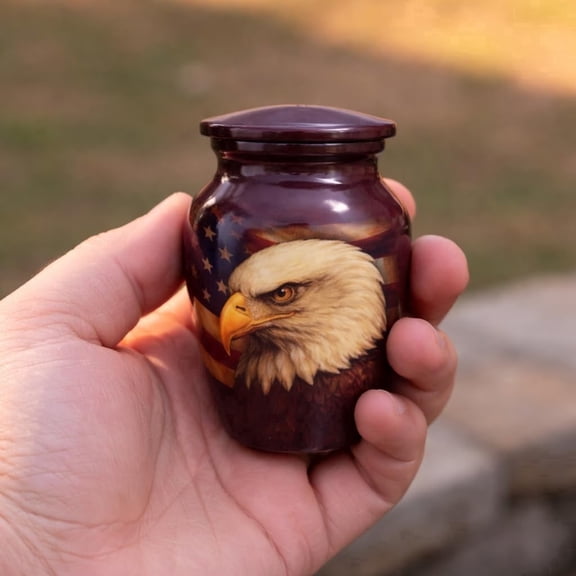 URNS A TRIBUTE Mini Keepsake Cremation Urn for Ashes, 3 inch, Patriotic Eagle Memorial Design, Secure Threaded Lid, Velvet Pouch