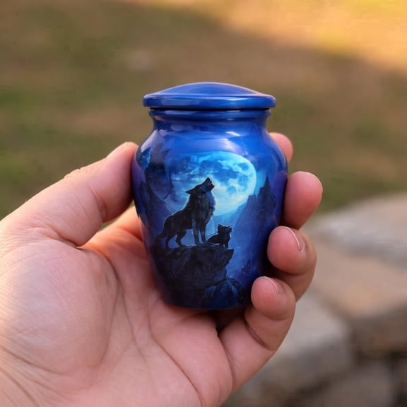 URNS A TRIBUTE Mini Keepsake Cremation Urn for Ashes, 3 inch, Wolf Moon Tribute Design, Secure Lid, Velvet Pouch