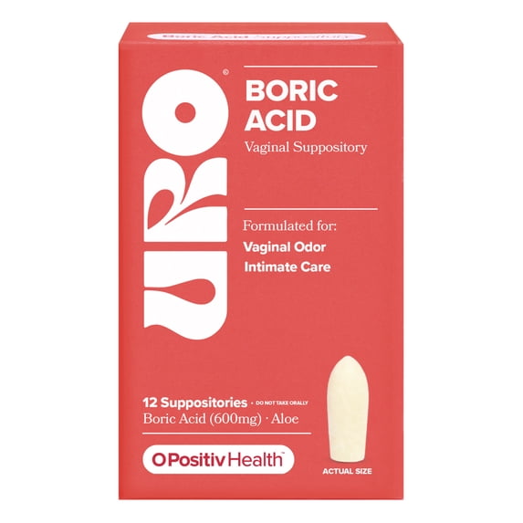 O Positiv URO Boric Acid Vaginal Suppository Capsules, Fast Odor Control + Intimate Care, 12 Count