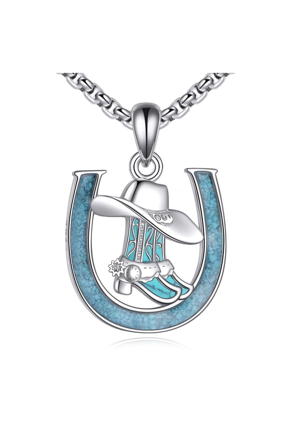 Cowgirl Cowboy Boot Necklace 925 Sterling Silver Turquoise Horseshoe Necklace Western Jewelry For Women Men C113