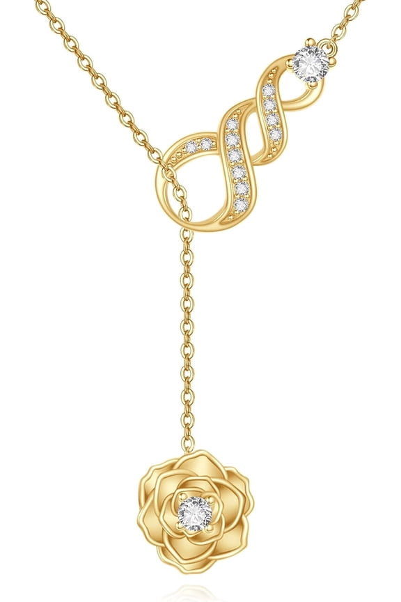 Rose Necklace Sterling Silver Rose Infinity Larait Bar Y Lariat Long Chain Pendant Flower Anniversary Jewelry Gifts for Women