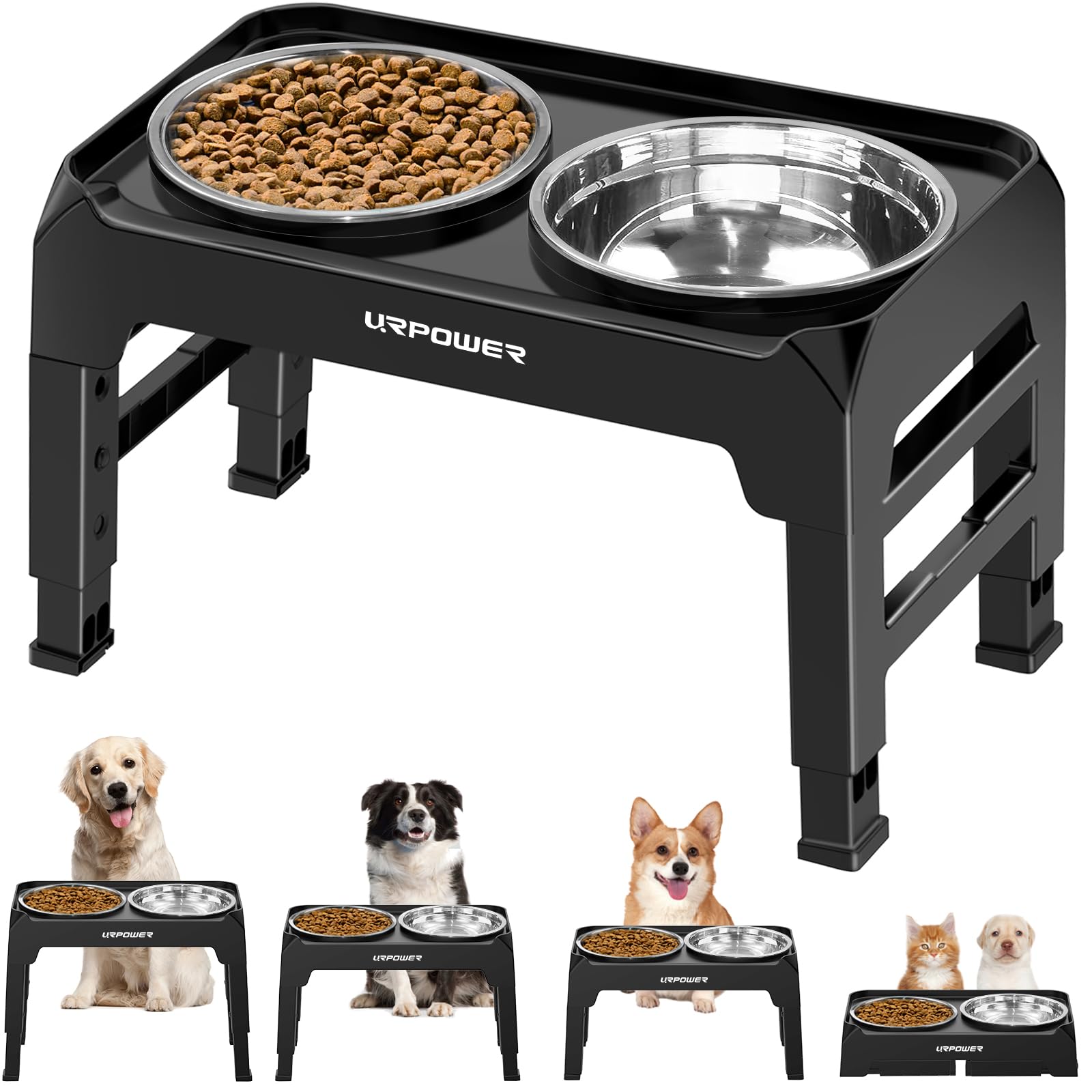 URPOWER 4-Height Adjustable Elevated Dog Bowls Stand With 2 Stainless Steel Bowls - Large Capacity