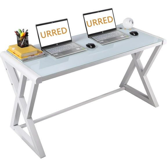 URRED Computer Desk Glass Top and Metal Frame, Desk Table for Computer Desk Gaming Modern Study Office Work Writing Desks Table for Home Office, White (55.1 inch)